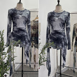 Real Shooting Babes Long Sleeves And Jersey Net Yarn Dye Printing Irregular Lotus Leaf Edge Ribbon Folding Top 9998