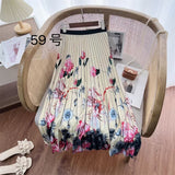 2025 New High-Rise Half-Dress Woman Tight Waist Ink Print Design Sense A-Character Skirt In The Long Folded Skirt