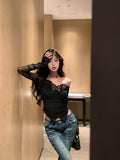 Pure Lustrous Black Shoulder Long-Sleeved T-Shirt Women's Autumn And Winter Design Feeling Butterfly Repair Short Mesh Splicing Top