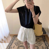 Grey Short-Sleeved T-Shirt Women 2026 New Summer Loose Ribbon Polo Shirt Temperament Thin Ribbon Knitting Top