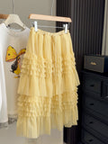 Heavy Industry Wood Ear Net Yarn Tight Waist Cake Mid-Summer New Korean Temperament Fluffy Skirt Layer Yarn Skirt