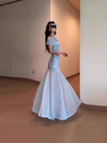 Blue Net Yarn A Word Shoulder Dress Women's Summer Seaside Holiday Pure Temperament To Dress Up With A Long Ass Fishtail