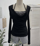 Fake Two-Piece Squint Hanging Neck Tie Long Sleeves Jersey Hottie Tops Body Folded T-Shirt 2829