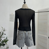 Real Shooting Of The Fur-Sided Denim Splicing Zipper Fake Two-Piece Mesh Top-Tuned Short Perspective T-Shirt 8990