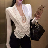 Lace Splicing Fake Two-Piece Rivet T-Shirt Spring Repair Pure Sister Style White Long-Sleeved Shirt