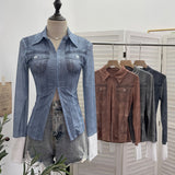 À±tie Denim Yarn Print Long Sleeve Open Shirt Hook Buckle Short Repair Body Dress 1293