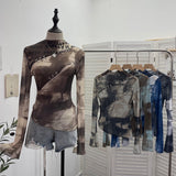 Pure Want To Play The Bottom Of The Long-Sleeved T-Shirt Design Hollow Print Irregular Mesh Yarn Personality Hottie Top 2629