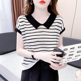 Striped Ice Silk Short-Sleeved T-Shirt Lady Wears New Thin-Explosive High-End Knitted Shirt In Summer 2025