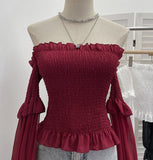 Render Tight Shoulder Bra With Long-Sleeved Lotus Leaf Side Short Chiffon Sexy Shirt 0899