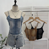 Summer Babes Cowboy Sling Vest Women's Hot Diamond Brush Wash Water Short Umbilized Sleeveless Top 658