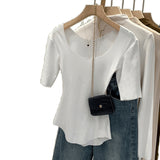 2026 Early Spring Explosion Gray U-Neck Short-Sleeved T-Shirt Women's Commuting Summer New Niche Super Beautiful Thinch Waist