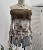 Real Shot Shoulder Cross Hanging Neck Knitting Mesh Yarn Coat Irregular Ribbon Horn Long-Sleeved T-Shirt 1101