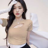 2025 Thai Babes On The Chest Slanted Round Collar Top Women's Summer Short High-Waisted Umbilical Short-Sleeved T-Shirt