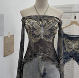 Real Shot Raging Butterfly Embroidery Y2k Babes Punk Word Shoulder Tie-Dye Mesh T-Shirt With Short Top 1319