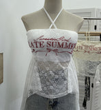Real-Patting Hottie With Chest Cushion Letter Print Hanging Neck Sling Vest Irregular Ribbon Ribbon Sleeveless Lace Top 1285