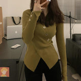 Pure Desire And Thin V-Neck Sweater Cross A4 Waist Repair Open Fork Knitted Long Sleeves Top