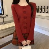 Autumn New Lace Open Shirt Sweater Early Spring Fresh And Gentle Repair Button Three-Dimensional Flower Knitting Top