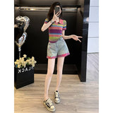 Dopamine Casual Sports Suit Women's Summer Blast Street Small Rainbow Blouse Denim Shorts Two-Sleeve