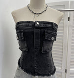 Summer Water Wash Side Cowboy Bra Vest Pocket Irregular Tight Tight To Take A Short Top 6602