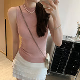 Unique Premium Feeling White Half-High Collar Sleeveless Knitted Shirt Women 2025 Summer New Beautiful Bottom Vest Top