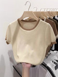 2025 Summer Korean Version Of Knitted Shirt Short Sleeve New Round Collar Bumpy Color Slim Top Women's Style Bottom Shirt