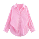 Spring 2025 New Women's Cotton Bat Sleeve Striped Clip Long Sleeve Shirt 2025458