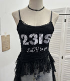 Real Shooting Lace Sling Vest Irregular Ribbon Hot Wear Print Short-Sleeved Top 1193
