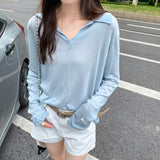 Lyselle Tiansi Linen V-Neck Blue Thin Sunscreen Hoodie Long-Sleeved T-Shirt For Women's Summer 2025 New Loose Top