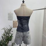 Real Shooting Denimed Tie-Dye Printing Mesh Yarn Tectar Tset With Chest Cushion Anti-Slip Vest Short Top 1255