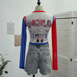 Real-Patted Letter-Print Mesh Yarn Women's Summer Thin Single-Layer Perspective Sunscreen Hooded Short T-Shirt 50235