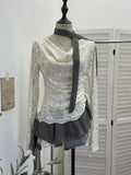 Real Shooting Two Collar Hanging Neck Ribbon Two Long-Sleeved T-Shirt Lace Splicing Chiffon Drawstring T-Shirt 1180
