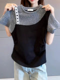2026 Summer New Round Collar Fashion Colliding Short-Sleeved T-Shirt Women's Small Slim Slimming Commuting Top