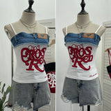Design-Sensitive Edge Denim Spliced Letter Embroidered Sling Sling Vest T-Girls Short Top 23098