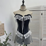 Real Shooting Retro Wave Point Splicing Lace Lace Bra Waist Sexy Short Sleeveless Hook Buckle Top 2825