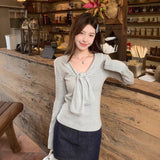 Korean Design Lace Shawl Striped Long-Sleeved T-Shirt For Autumn Unique Beautiful Miu-Bottomed Top