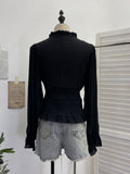 Real Shooting Retro Texture V Tie With Bubble Long Sleeves To Close Waist Folded Shirt Single Buckle Repair Body 23775