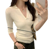 Design Sense Niche Collar Repair Inside The Middle Sleeve Knitted Shirt Spring 2025 New Body Repair V-Neck Top
