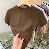 European Ice Silk Mask Gray T-Shirt Women's Short-Sleeved Summer 2025 New Knitted Bottom Collar Top