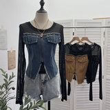 Real Shooting Of The Fur-Sided Denim Splicing Zipper Fake Two-Piece Mesh Top-Tuned Short Perspective T-Shirt 8990
