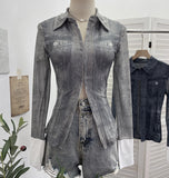 À±tie Denim Yarn Print Long Sleeve Open Shirt Hook Buckle Short Repair Body Dress 1293