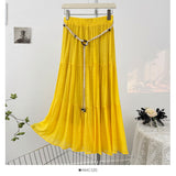 French Gentle Holiday Wind To Close The Belt Half-Dress Woman Summer 2025 Fold Loose Age-Down Feeling Big Swing Skirt