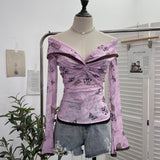 Vintage Oil Painting Print Collar A Word Twisted Folded Short-Sleeved Trumpet Blouse 9907