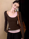 Fake Two Long-Sleeved T-Shirts For Women Wearing Coffee-Colored Bottom Shirts In The Early Spring To Put On A Thin Hottie