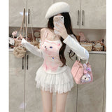 Sweet Hottie Pure Want To Show Shoulder Slim Lace With A Small Design Long Sleeves Inclined Shoulders Thin Bottom T-Shirt