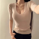 Pure Desire V Collar To The Five-Sleeved Knitted Shirt Han Han Beautiful Beautiful Bottoming Shirt Early Spring Temperament Blouse