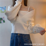 Design Sense V-Neck Fake Two Short Knitted Shirt Girls Beware Of The Machine Collar Bone Thick Sweater Long-Sleeved Top