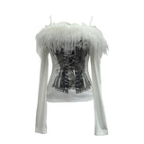 Two-Word Shoulder Hair Spliced Sling With Long-Sleeved Grinding T-Shirt T-Shirt Print Hollow Top 1367