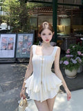 Double Zipper White Square Collar Knitted Sling Vest For The Summer To Close The Waist Without Sleeves To Wear A Short Blouse