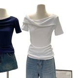 2026 Early Spring Temperament Hottie Twisty Design Slanted Shoulder Short-Sleeved T-Shirt Commuting Summer New Pure Desire
