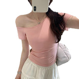 Bring Your Own Breast Pads With A Slanted Shoulder White Short-Sleeved T-Shirt For Summer 2025 New Niche Unique Beauty Short Top